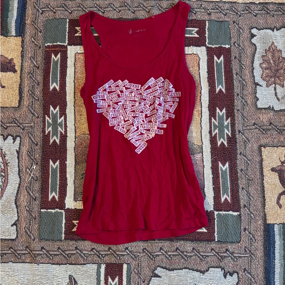 Guess Women's Burgundy Tank Top with Heart Design